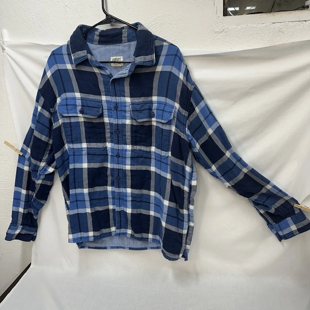 American Eagle Super Soft Flannel Button Plaid Front Shirt Sz XL Blue White - Picture 2 of 8
